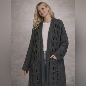 POL Oversized Ink Charcoal Cable Knit Cardigan | Chunky Cozy Open Front Sweater